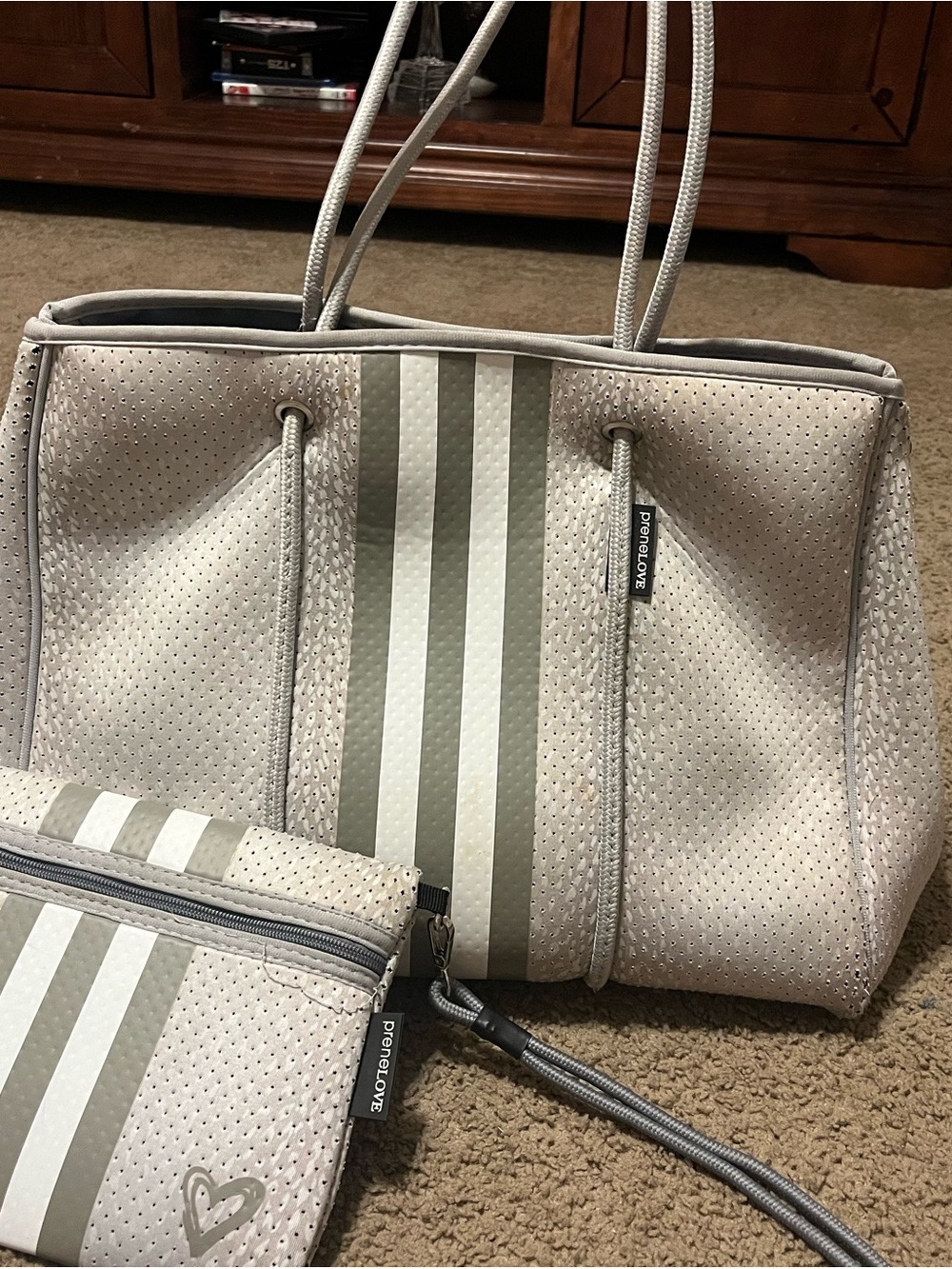 PreneLOVE Perforated Stripe Tote Bag in Light Gray